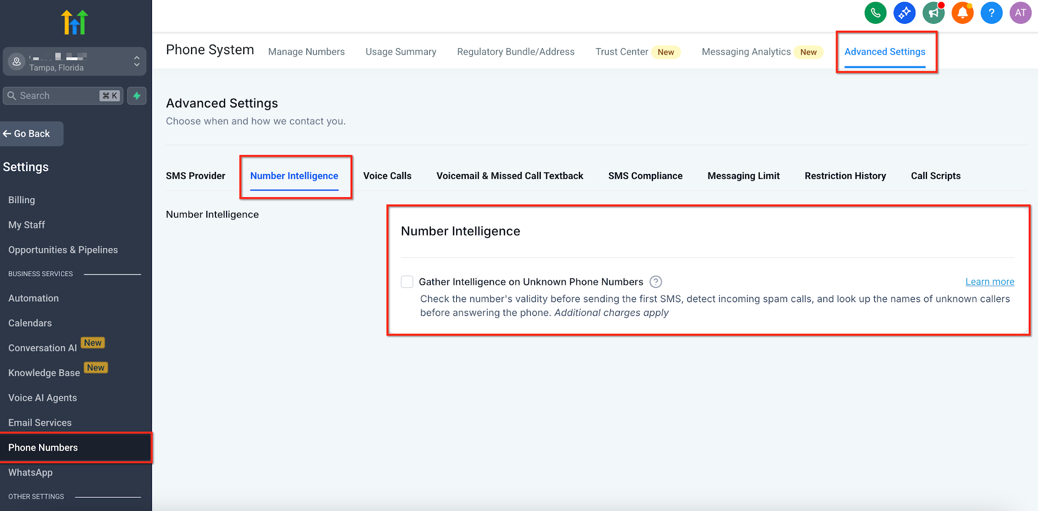 Number Intelligence settings