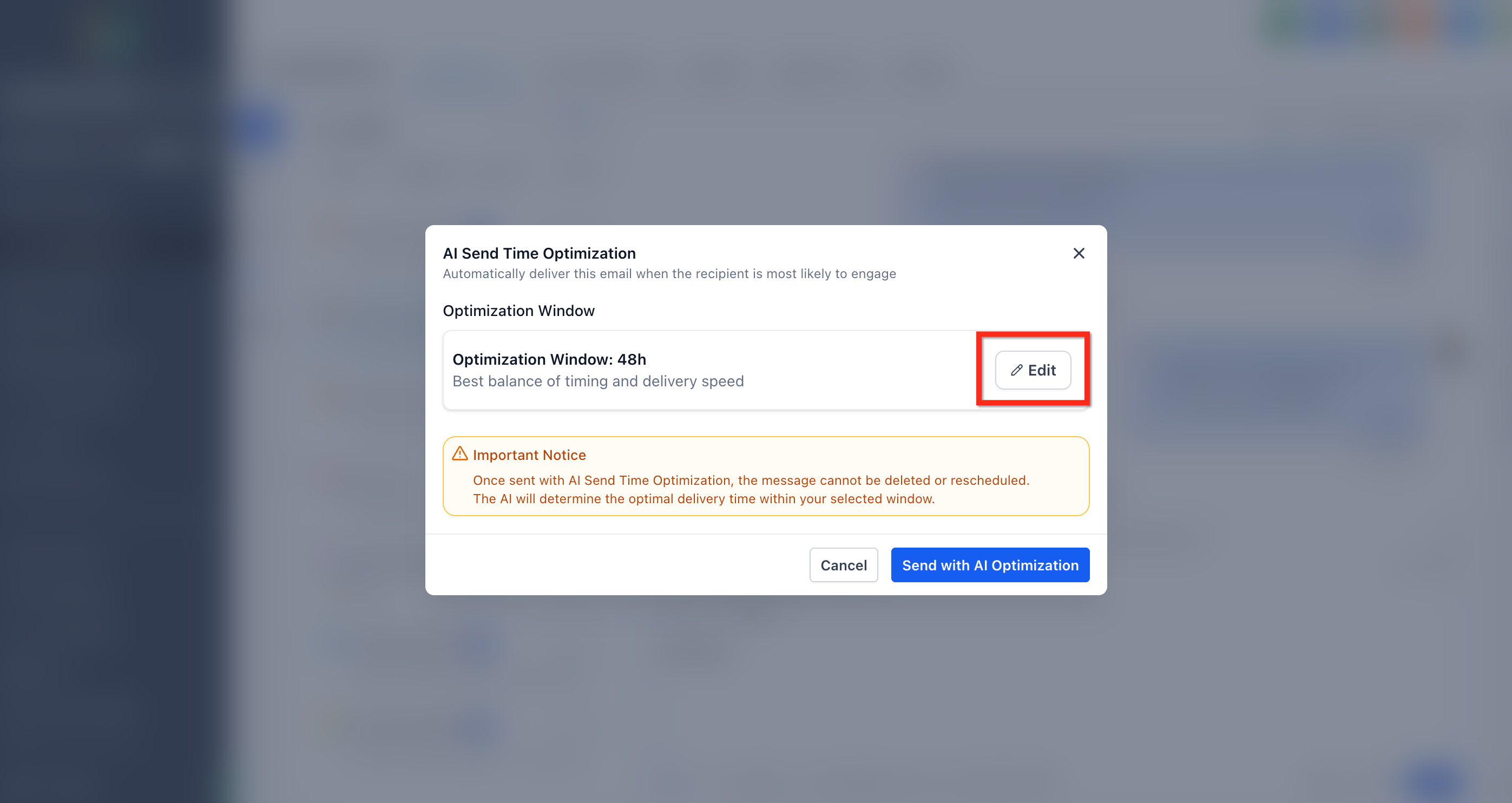 AI Schedule panel showing the Edit button to change the optimization window