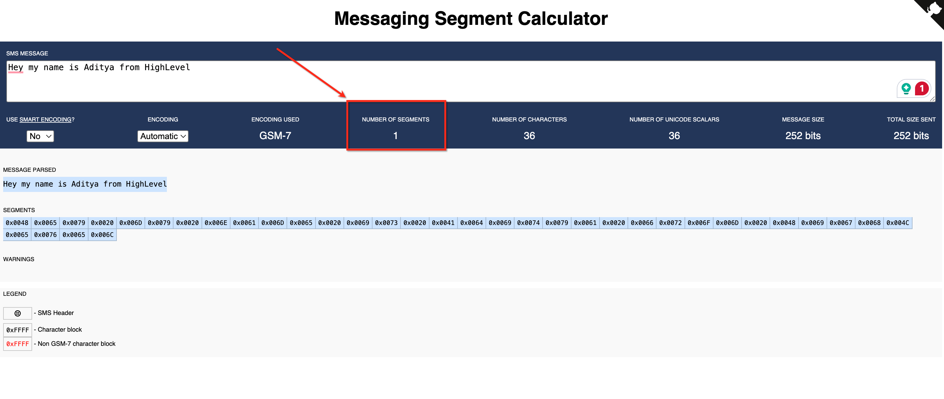 Messaging Segment Calculator showing number of segments