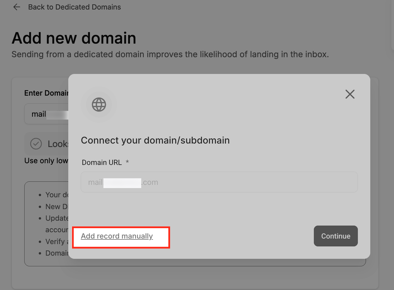 Manual DNS record entry fields showing Type, Name, Value, and TTL
