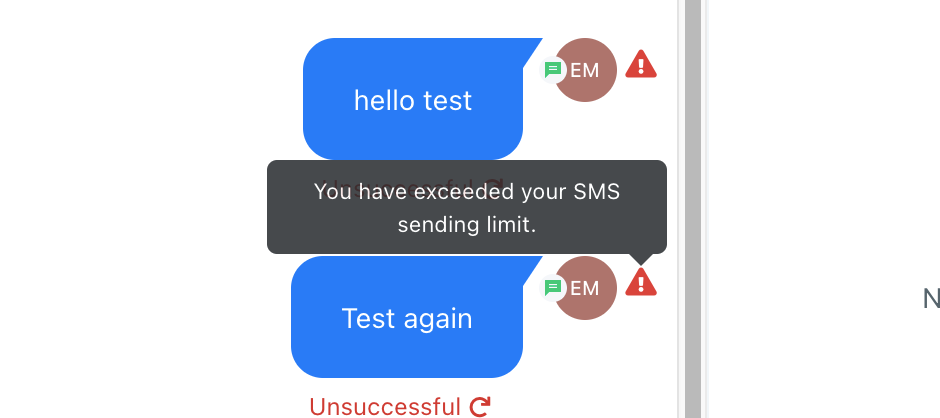Conversation error screen showing SMS sending limit exceeded