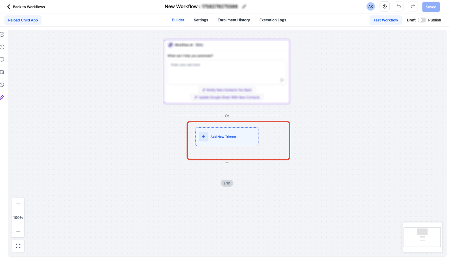 Add New Workflow Trigger button in the workflow builder