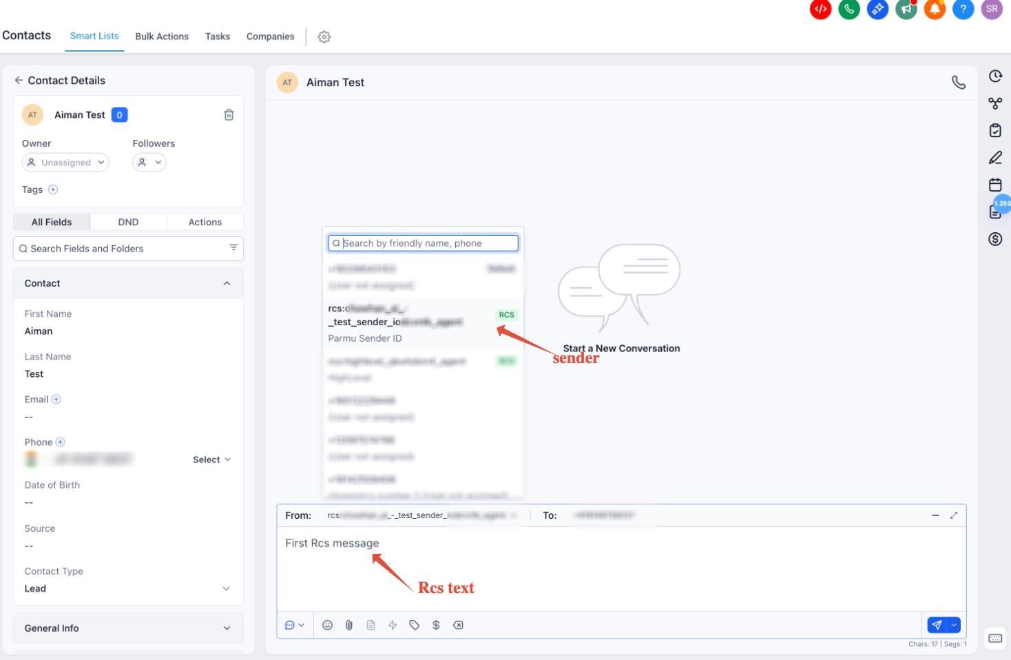 Sending a 1:1 RCS message from a contact's Conversations thread