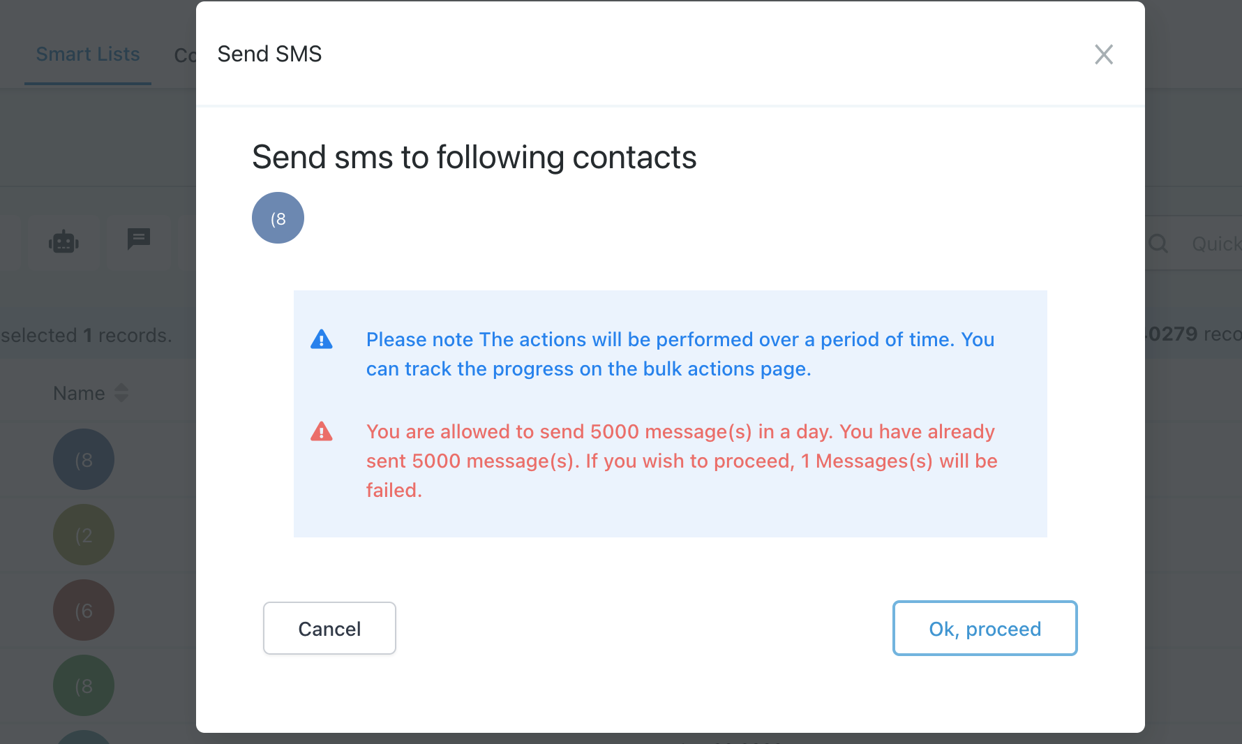Bulk action error screen showing daily send limit reached