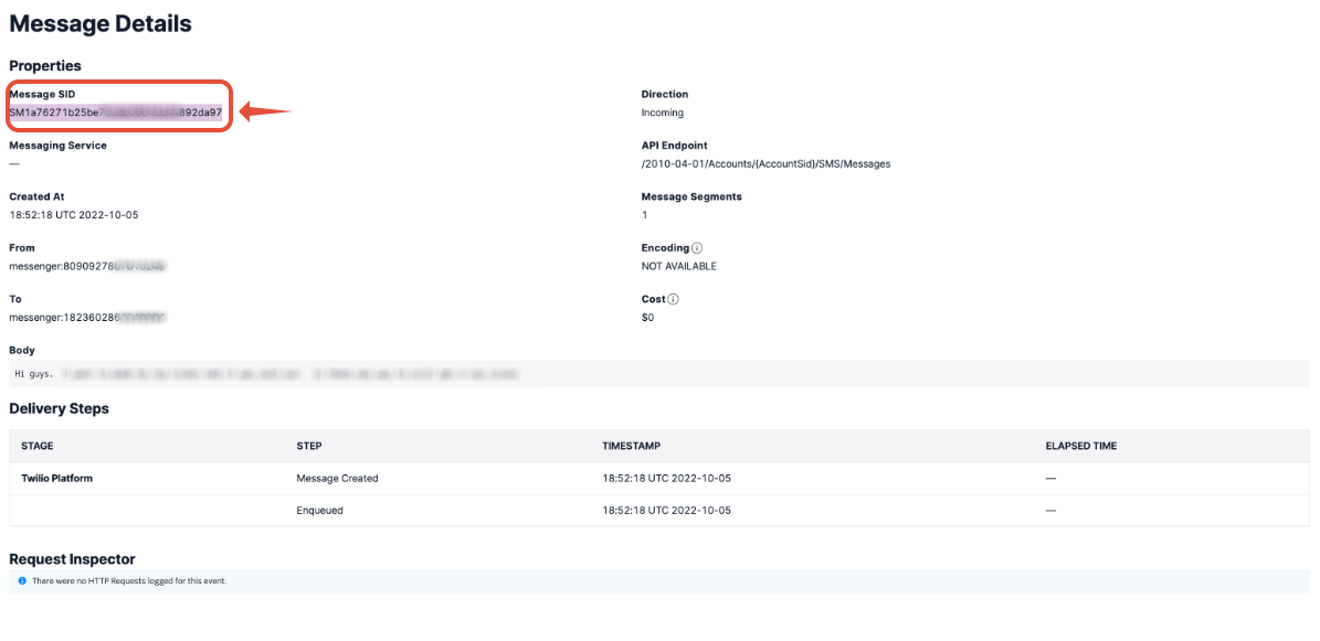 Message log entry with delivered status