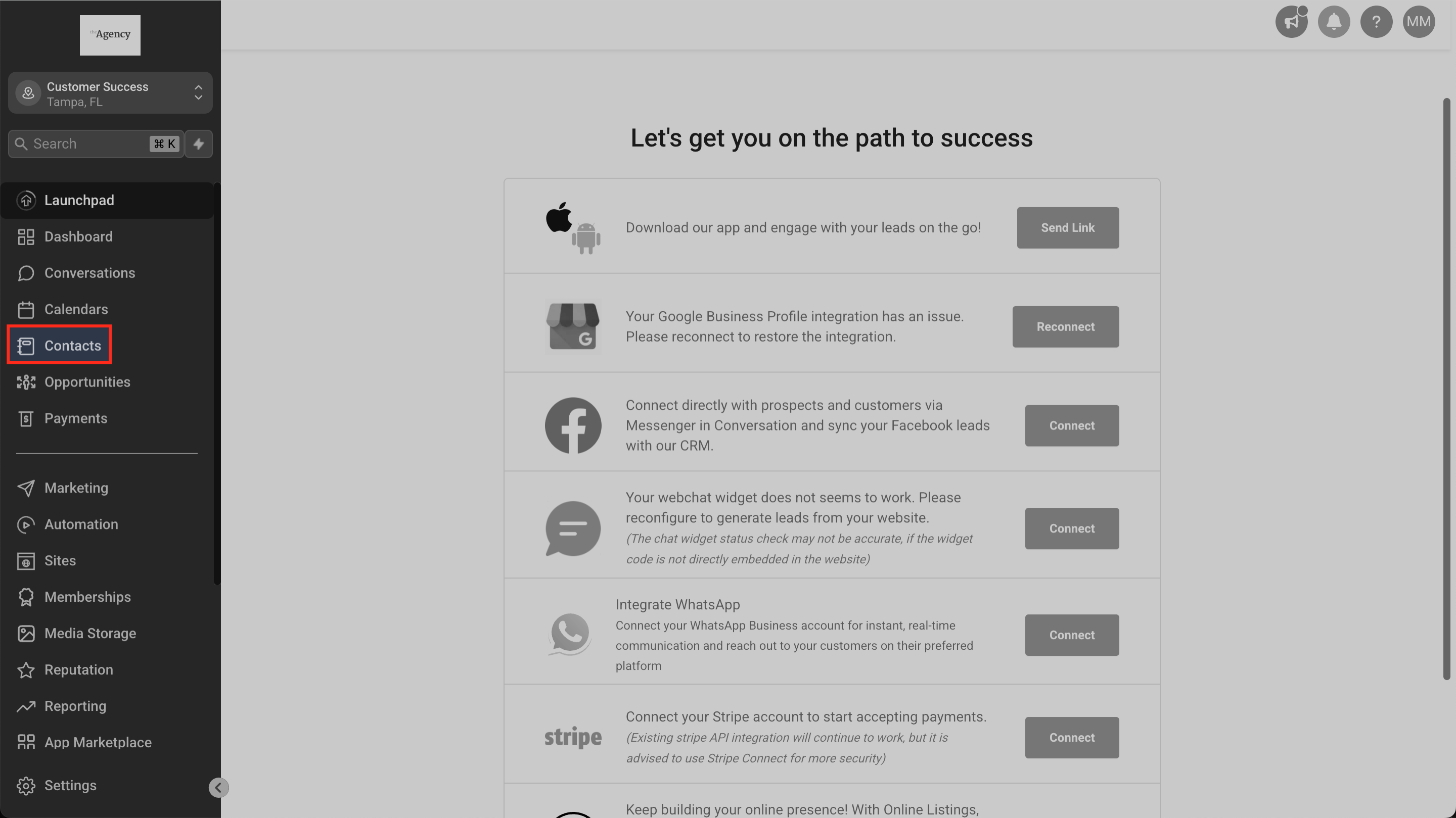 Contacts section in the subaccount