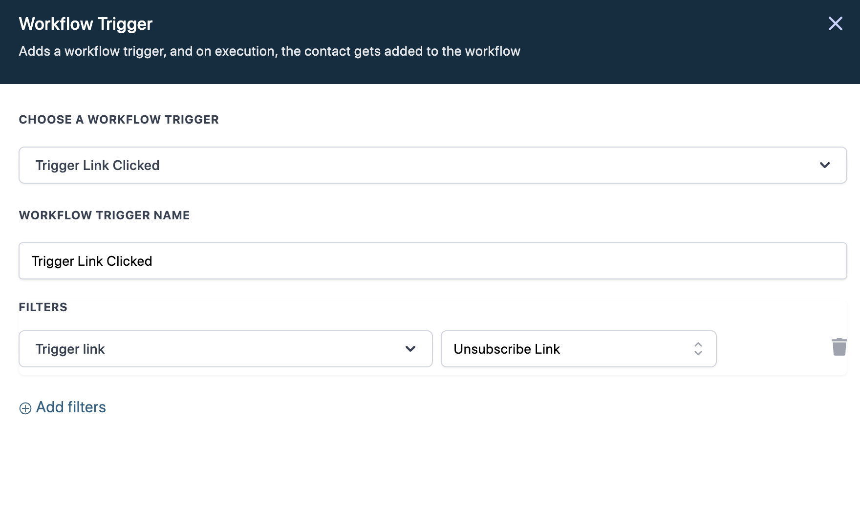 Add Filters panel with Trigger Link set to Unsubscribe Link