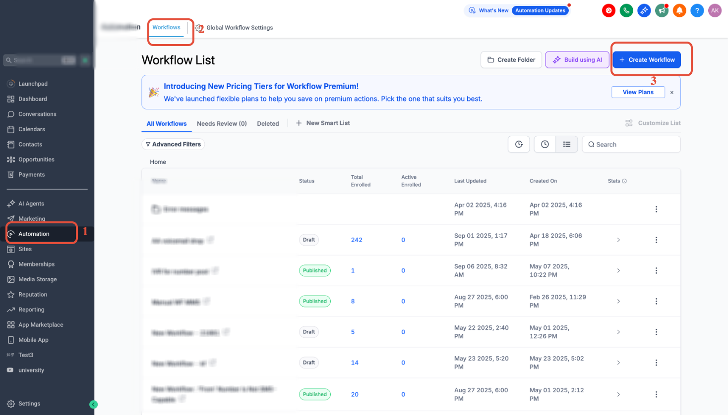 Automation menu showing Workflows and Create Workflow option