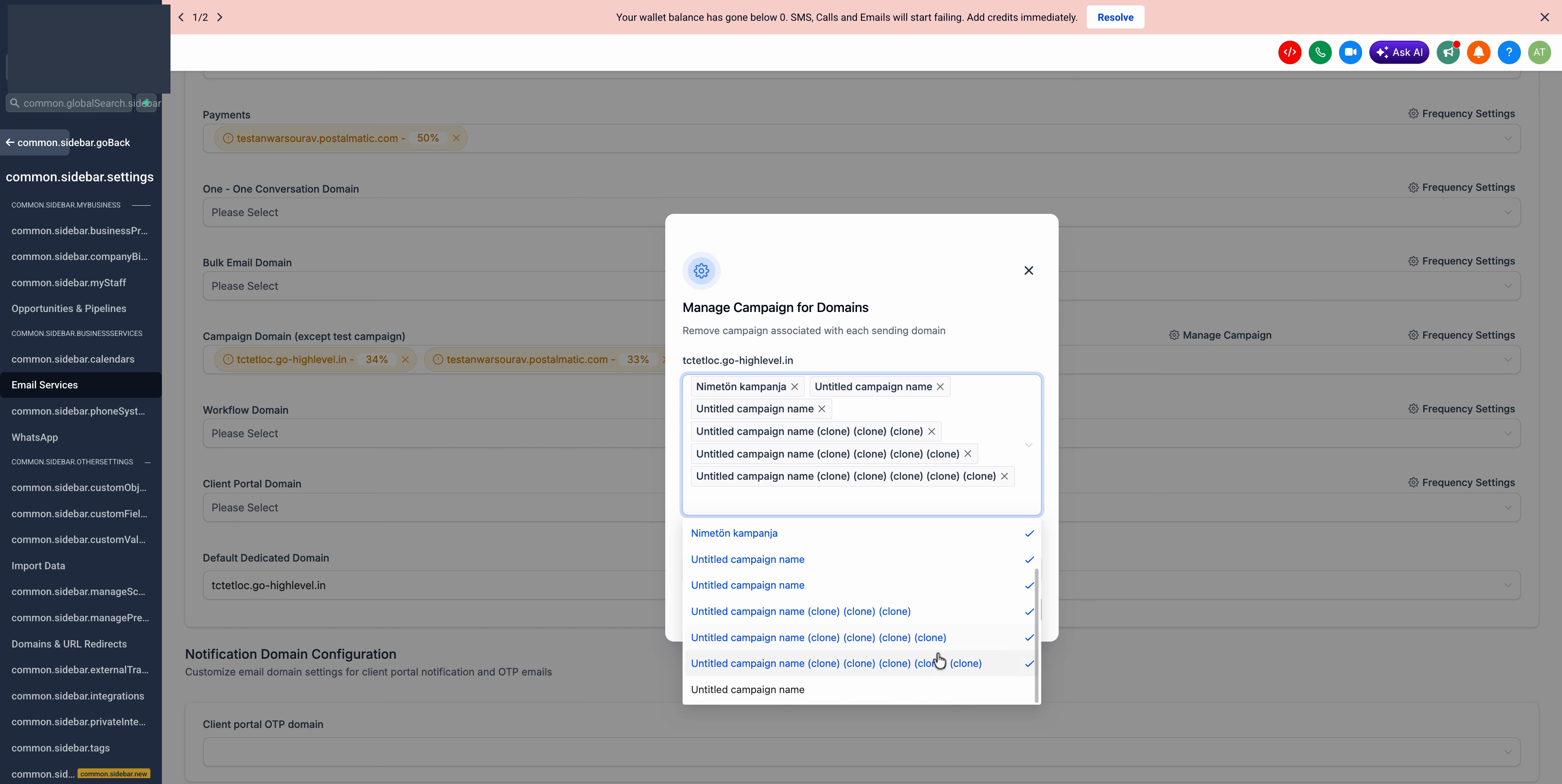 Selecting all campaigns and clicking Remove to unlink the domain