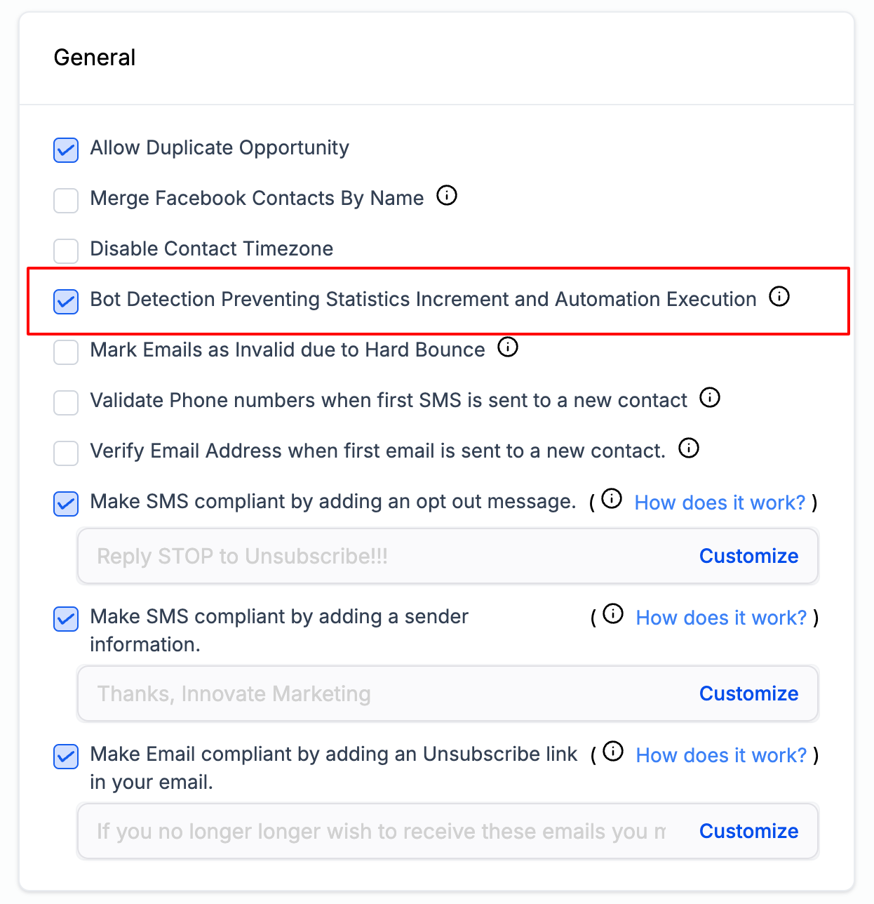 Bot Detection Prevention settings under Business Profile โ General