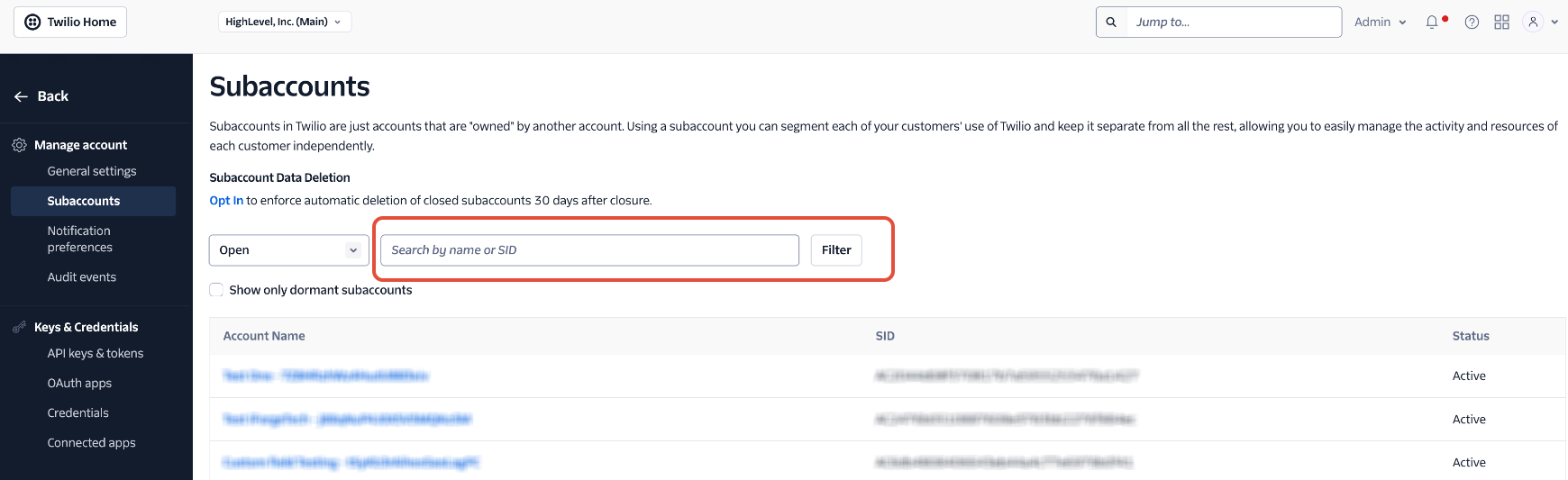 Searching subaccounts by Account SID
