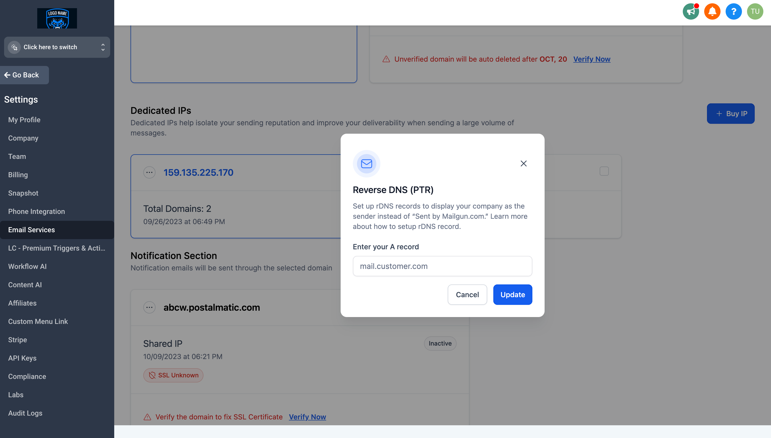 Reverse DNS (PTR) configuration screen with hostname input field