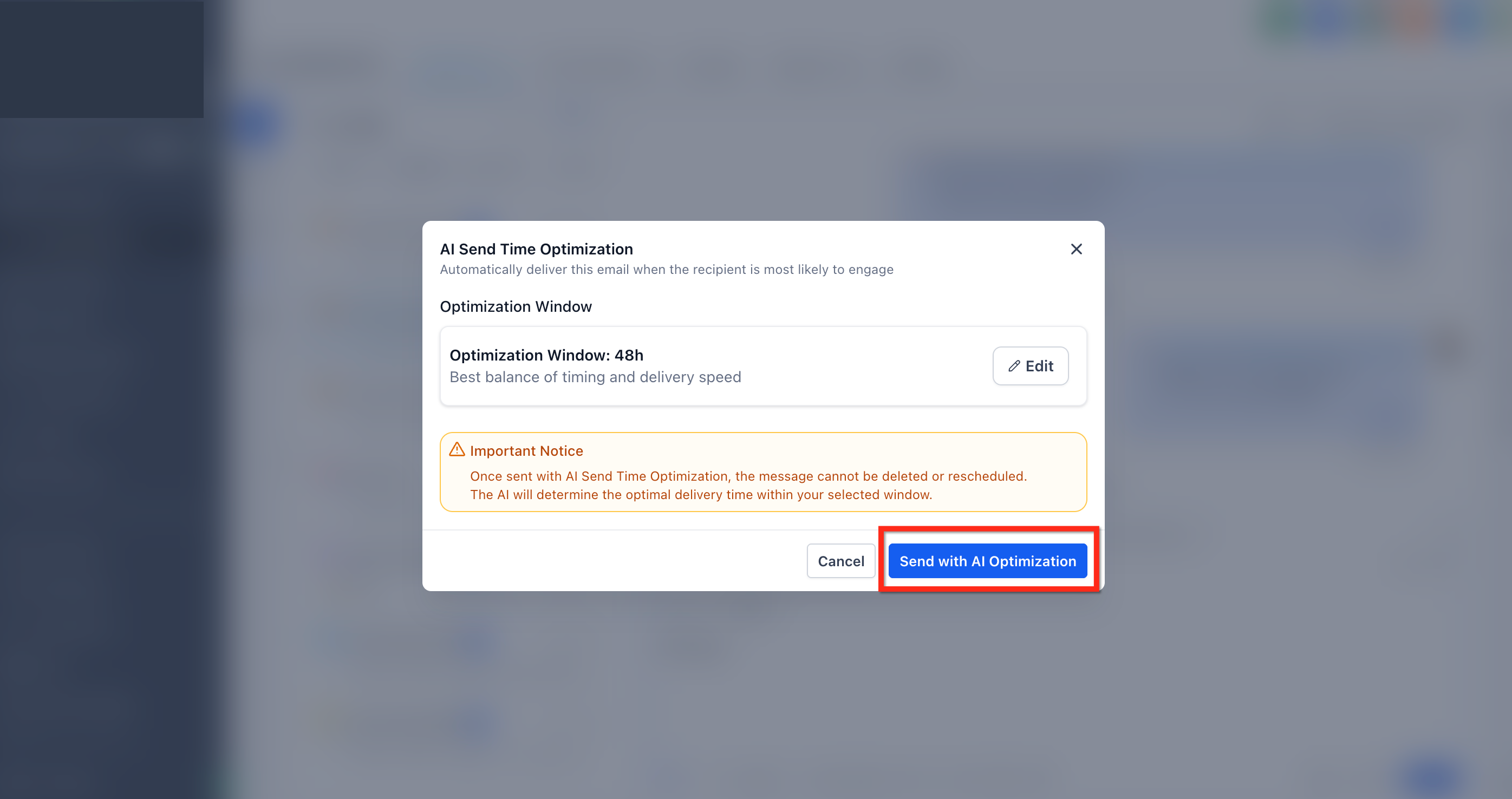Confirmation screen showing the Send with AI Optimization button