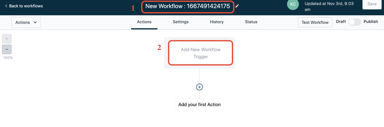 Workflow builder with title set to Trigger Link Unsubscribe and Add New Workflow Trigger highlighted