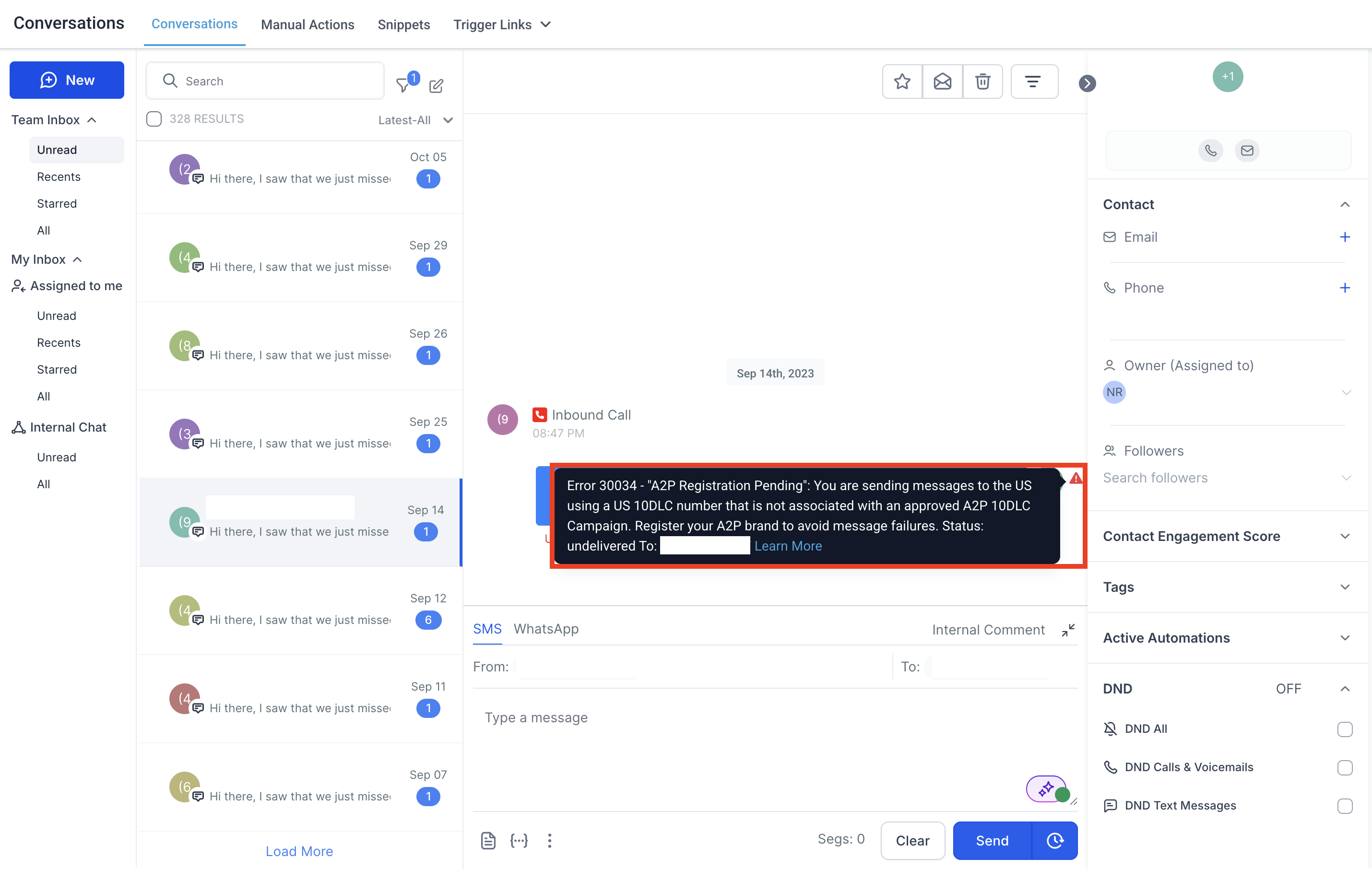 Error code dialogue box shown for a failed conversation