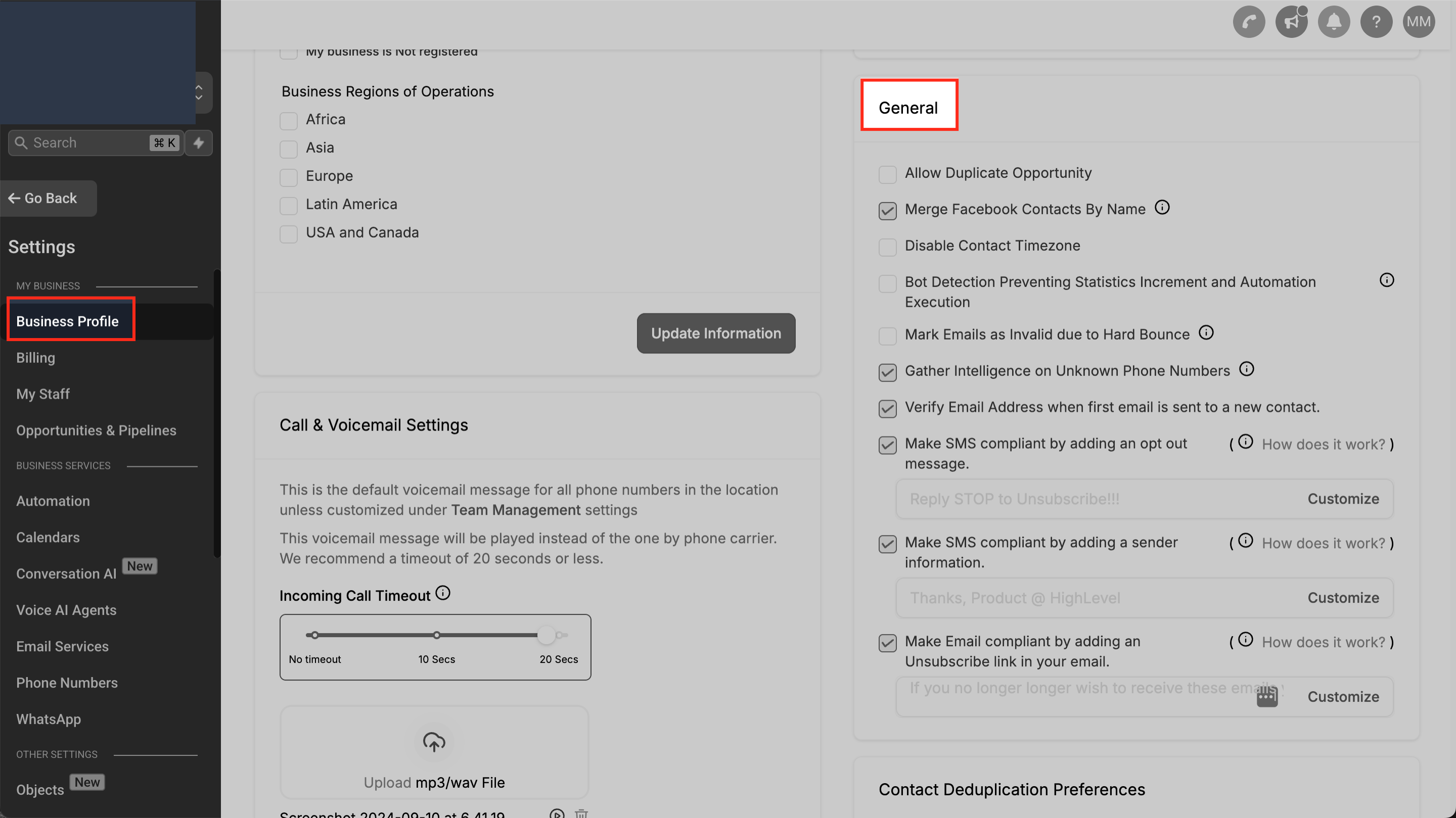 Business Profile General settings