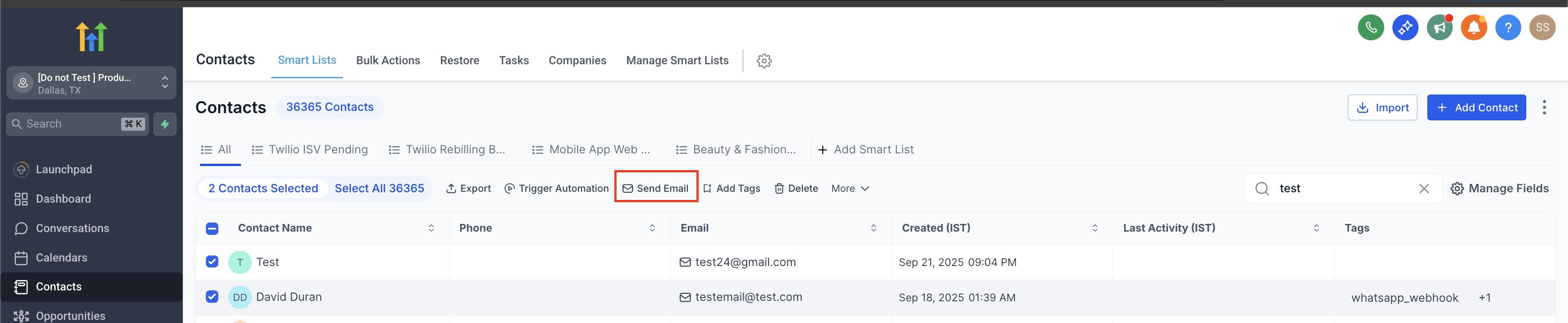 Smart Lists with contacts selected โ click Send Email