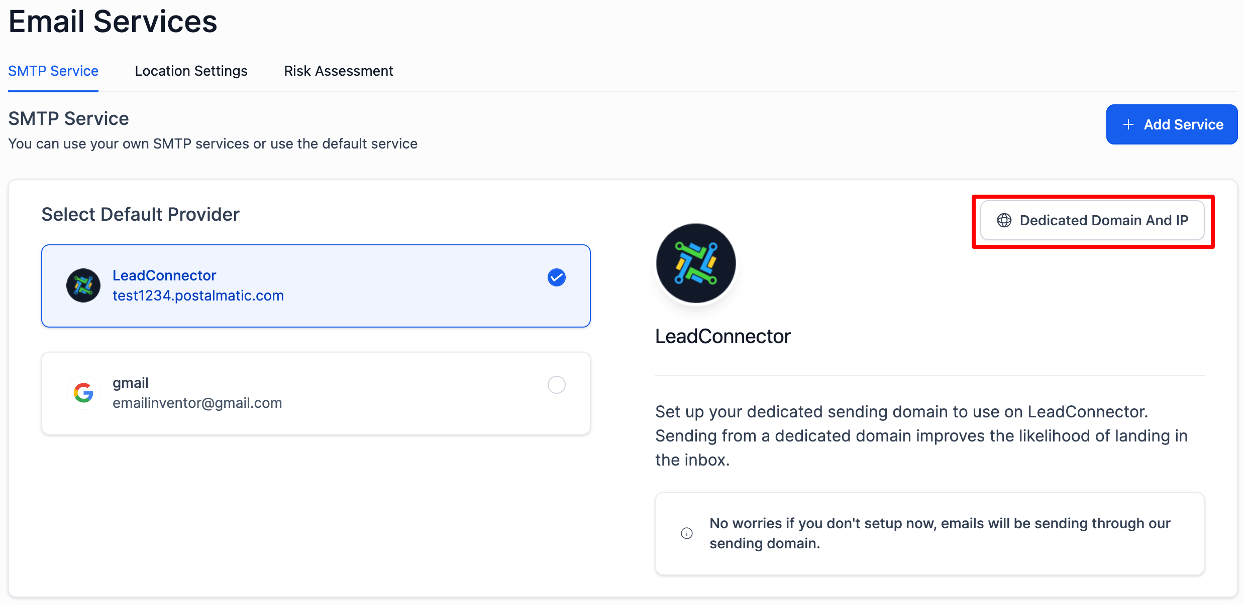 SMTP Service tab showing Dedicated Domain And IP button