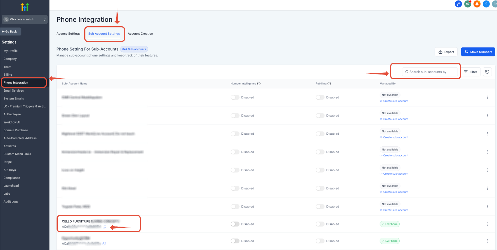Copying the Account SID from Sub-Account Settings