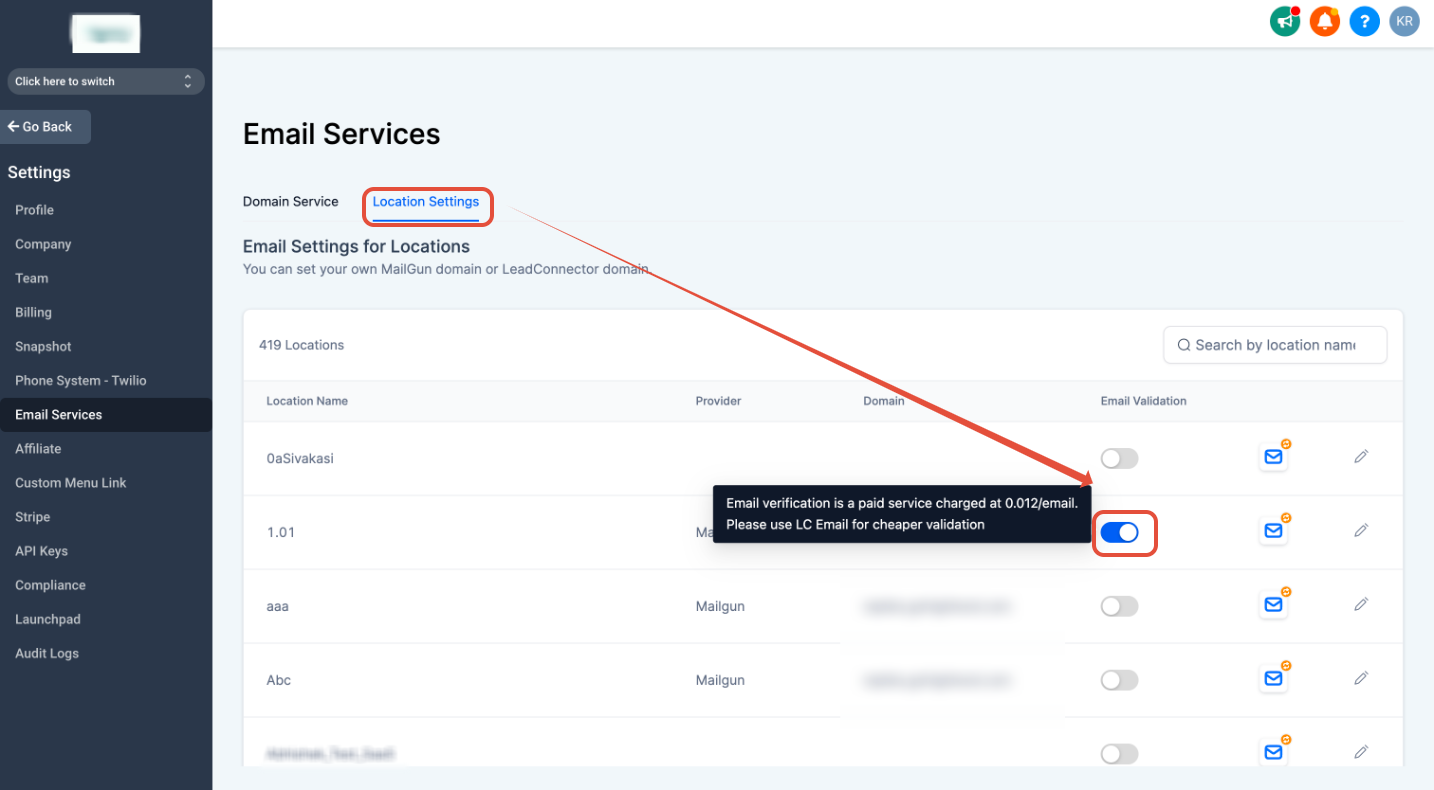 Enable Email Verification toggle for a sub-account