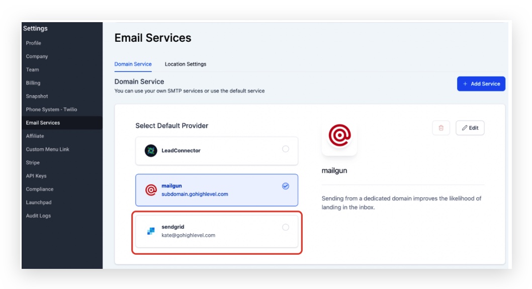 SendGrid now displayed as the active SMTP provider