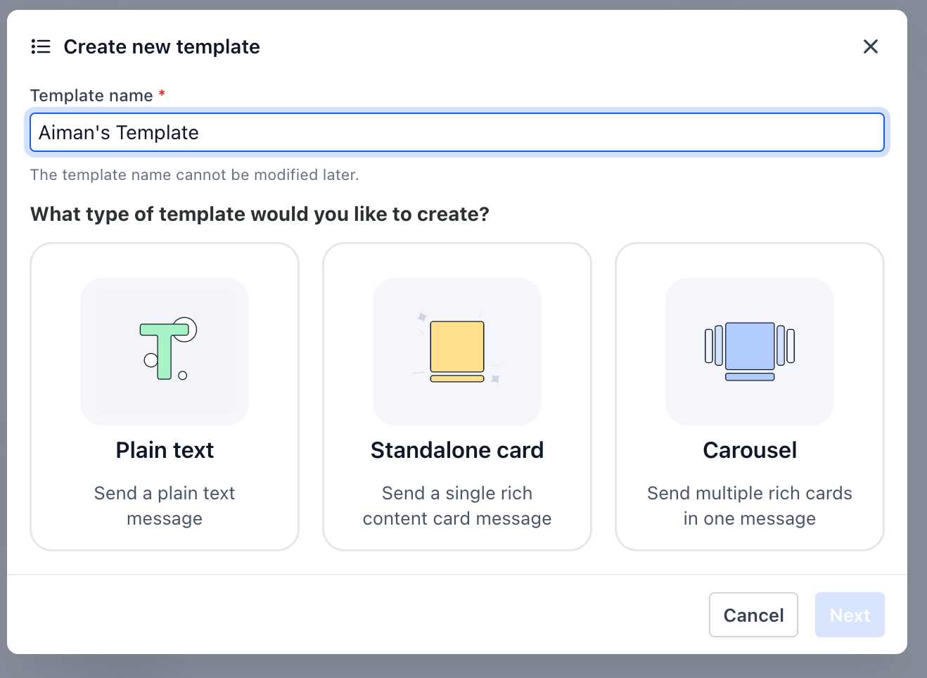 The three RCS Snippet formats: Plain Text, Standalone Card, Carousel