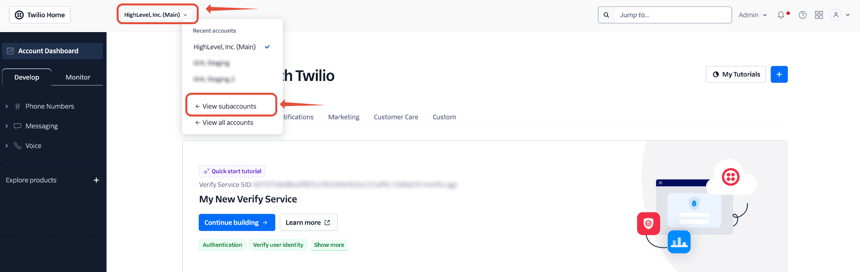 Twilio account dropdown showing View Subaccounts
