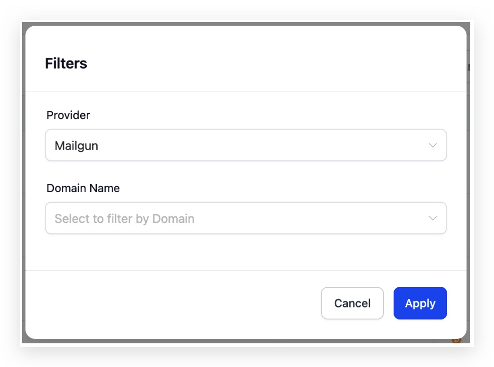 Filter by Mailgun options showing dedicated domain filter