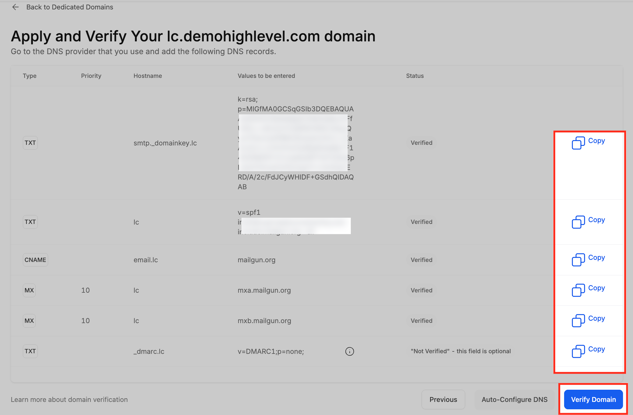 DNS records verification list showing status for each required record