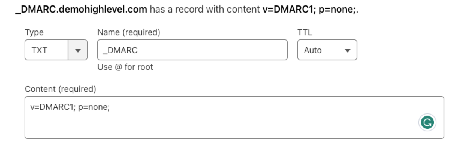 DMARC TXT record configured in Cloudflare DNS for demoSourCherry.com