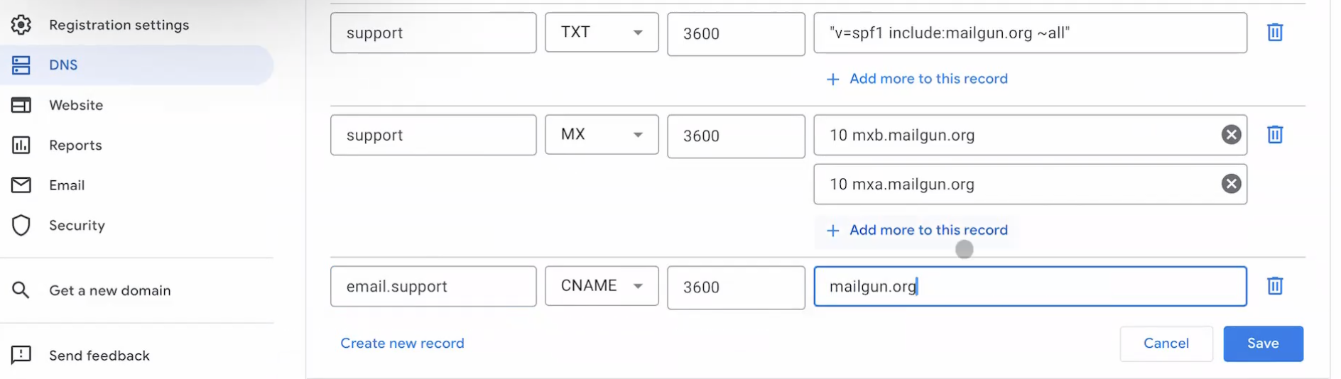 Completed CNAME record in Google Domains