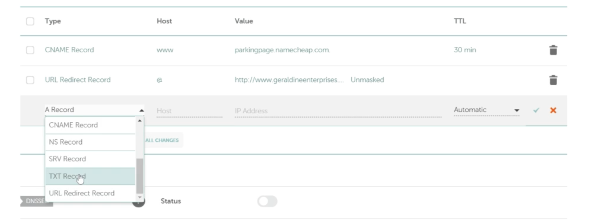 TXT Record selected in record type dropdown