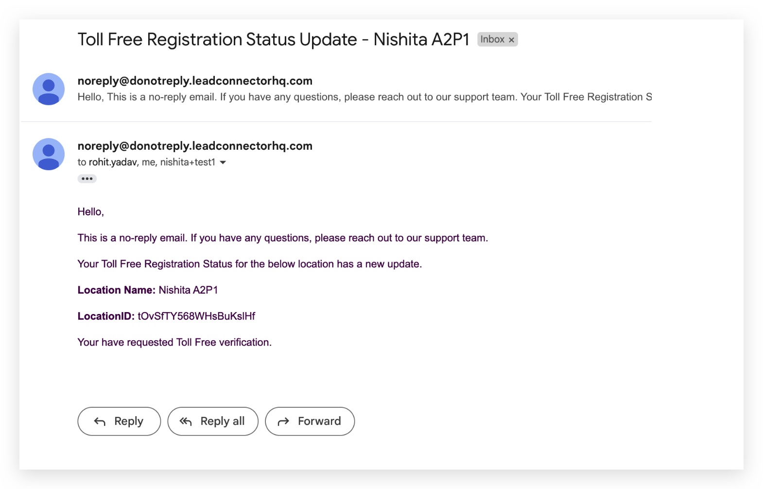 A2P / Toll Free verification status email — sample 3