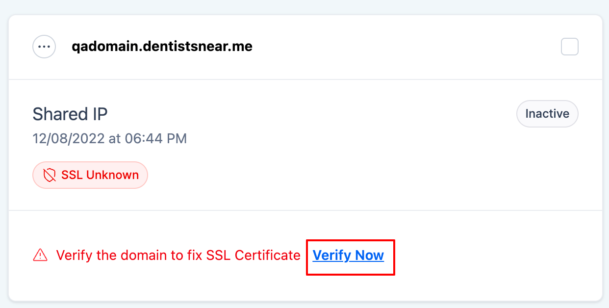 SSL certificate status indicator on the domain management screen