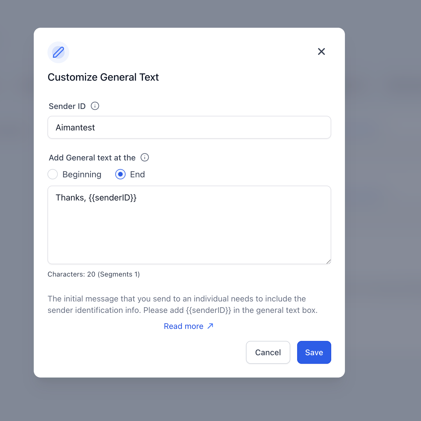 SMS compliance settings screen for the Sender ID message