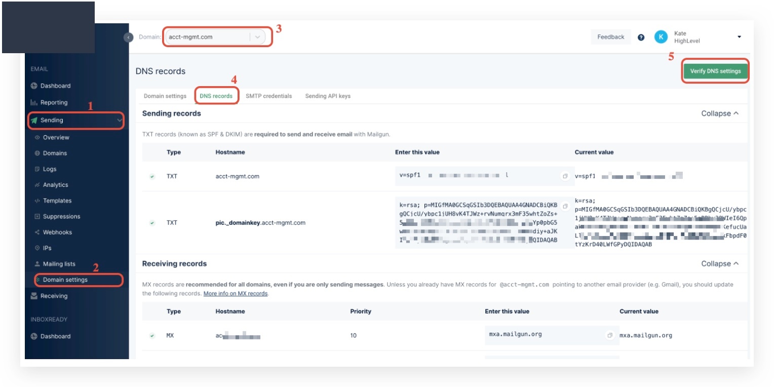 Mailgun DNS records verification screen