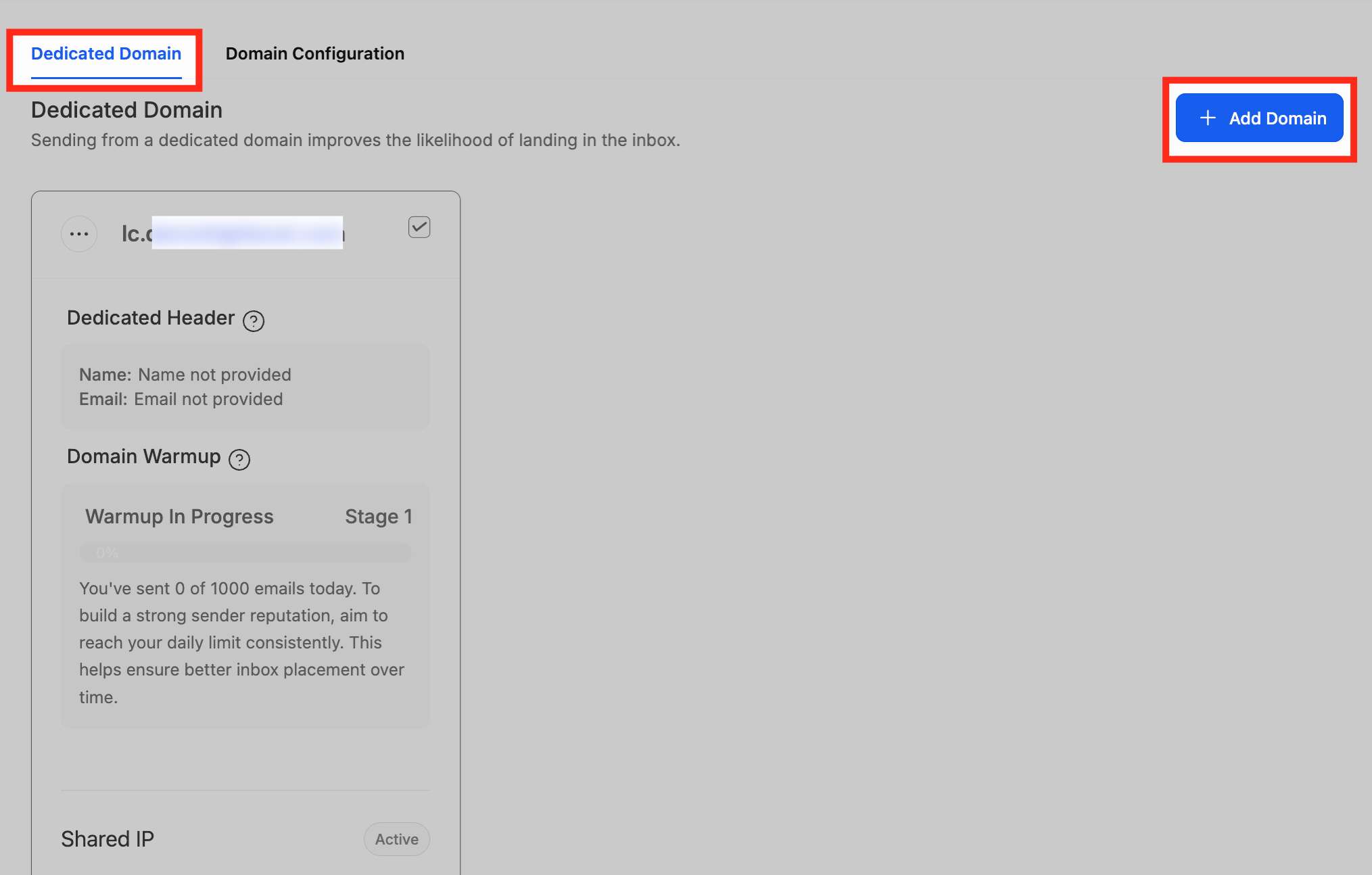 Add Domain button in the Dedicated Domains menu