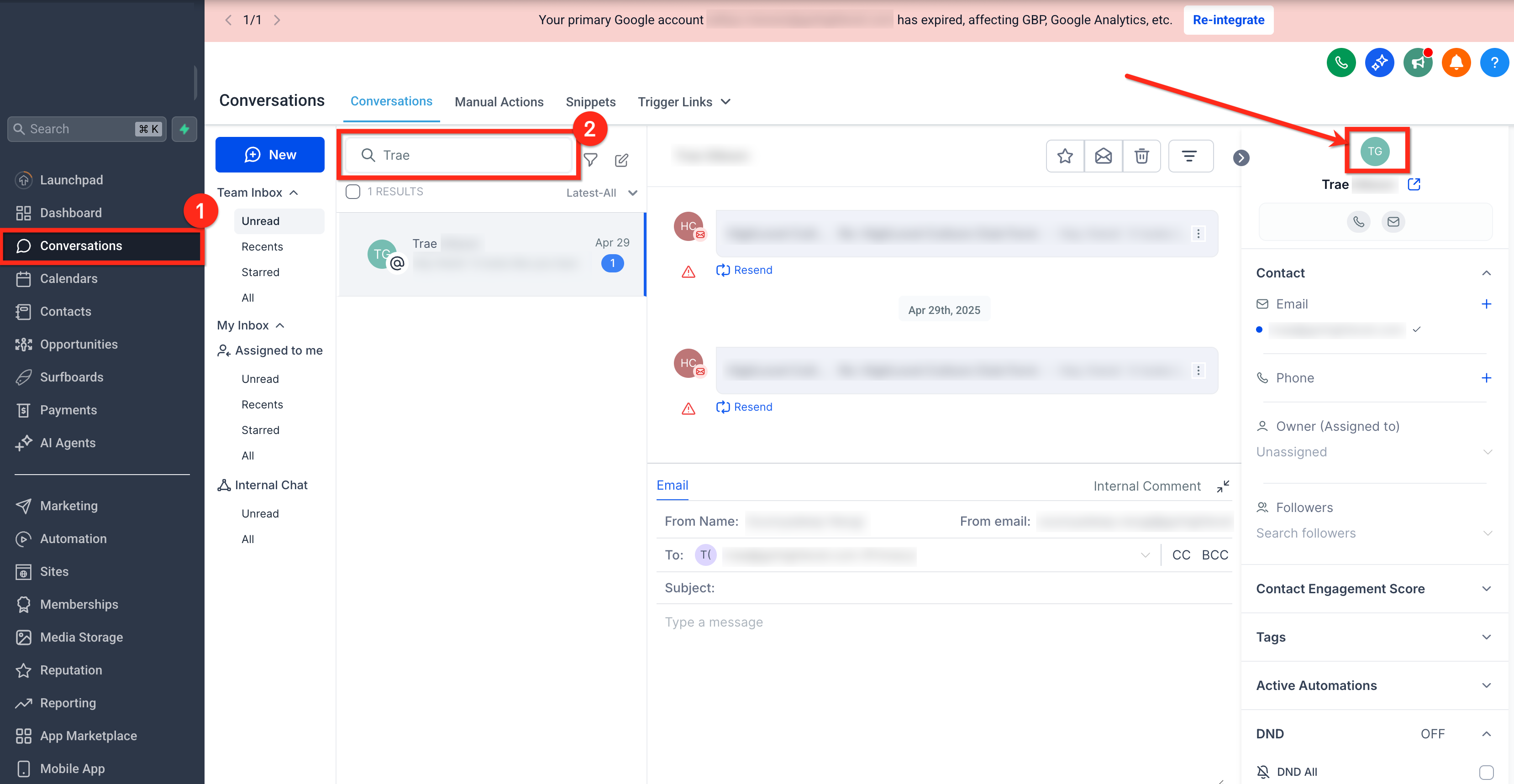 Opening contact details from the Conversations search results