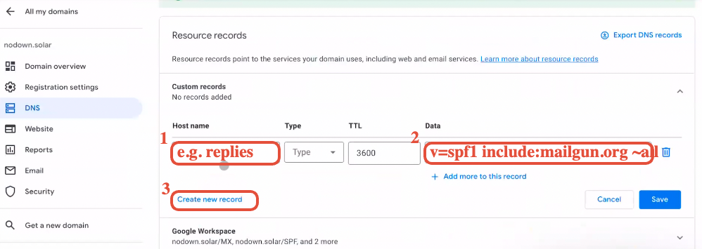TXT record form filled with the SPF value in Google Domains
