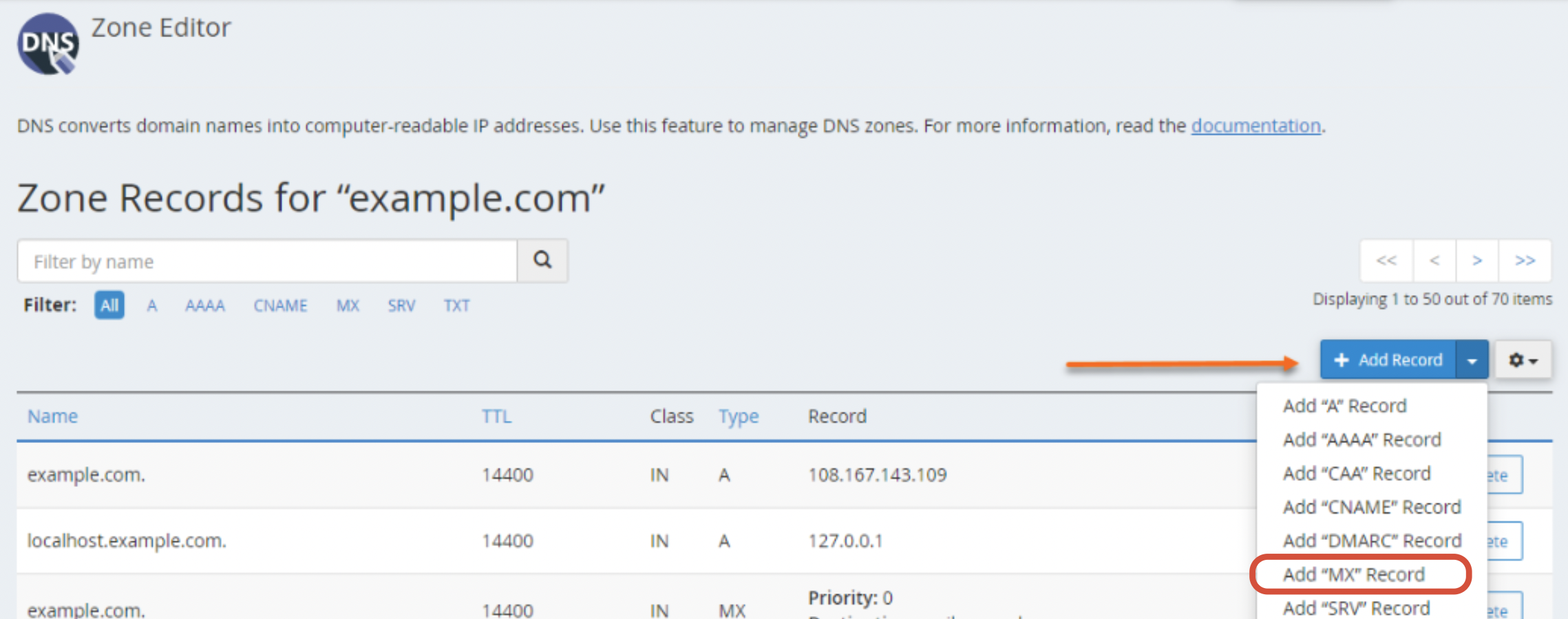 Add MX Record form in cPanel Zone Editor