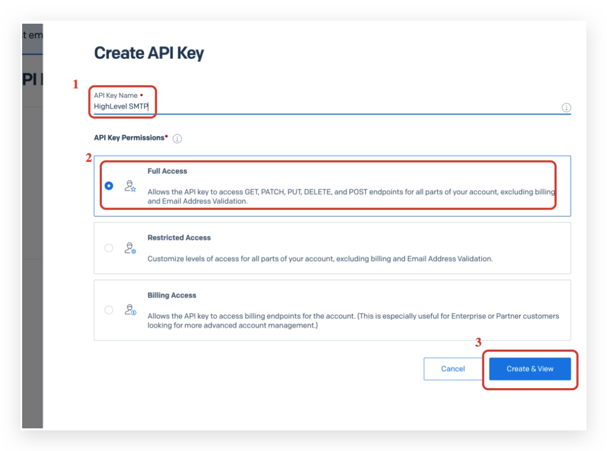 Naming the API key with Full Access permissions selected