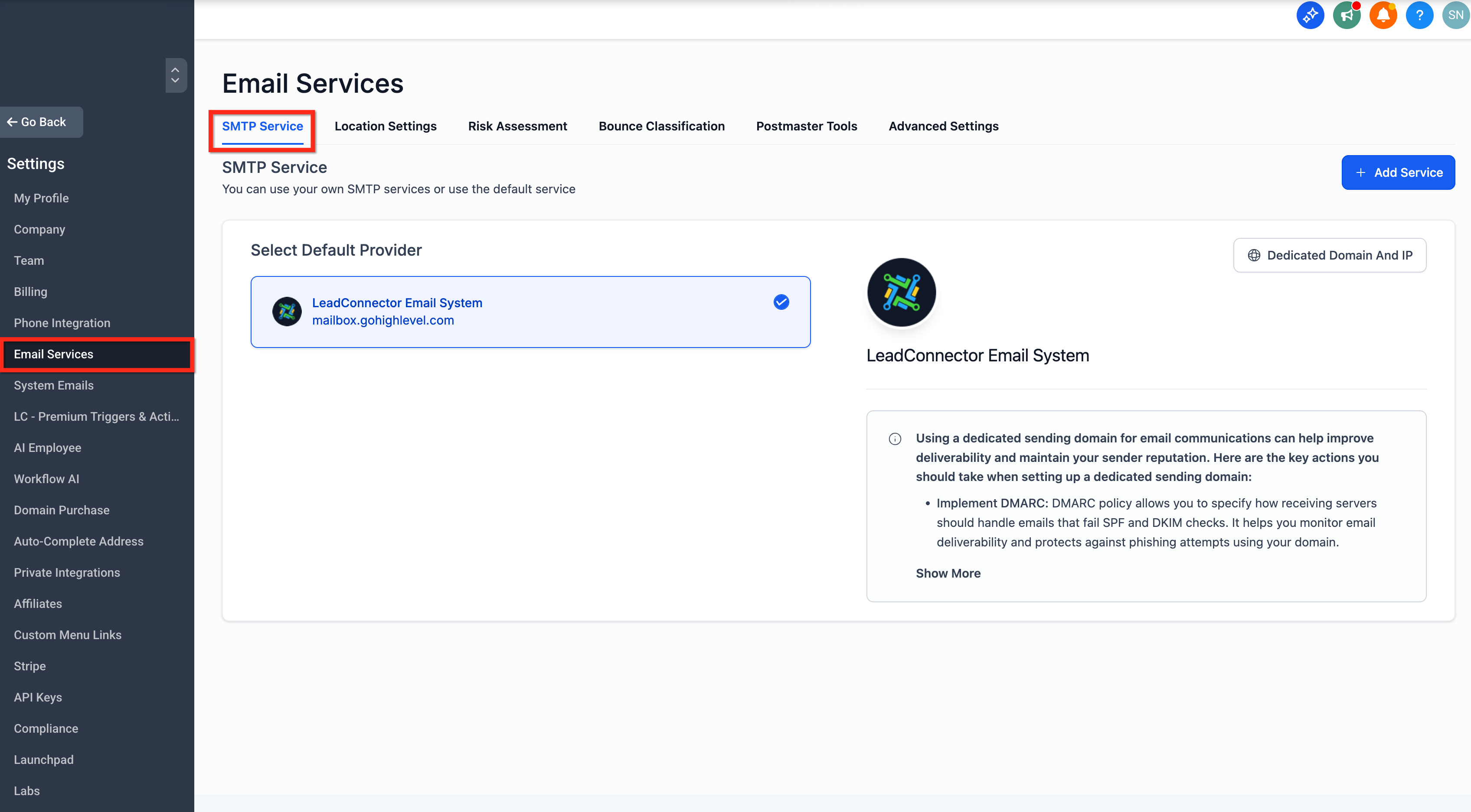 SMTP Service tab in Email Services