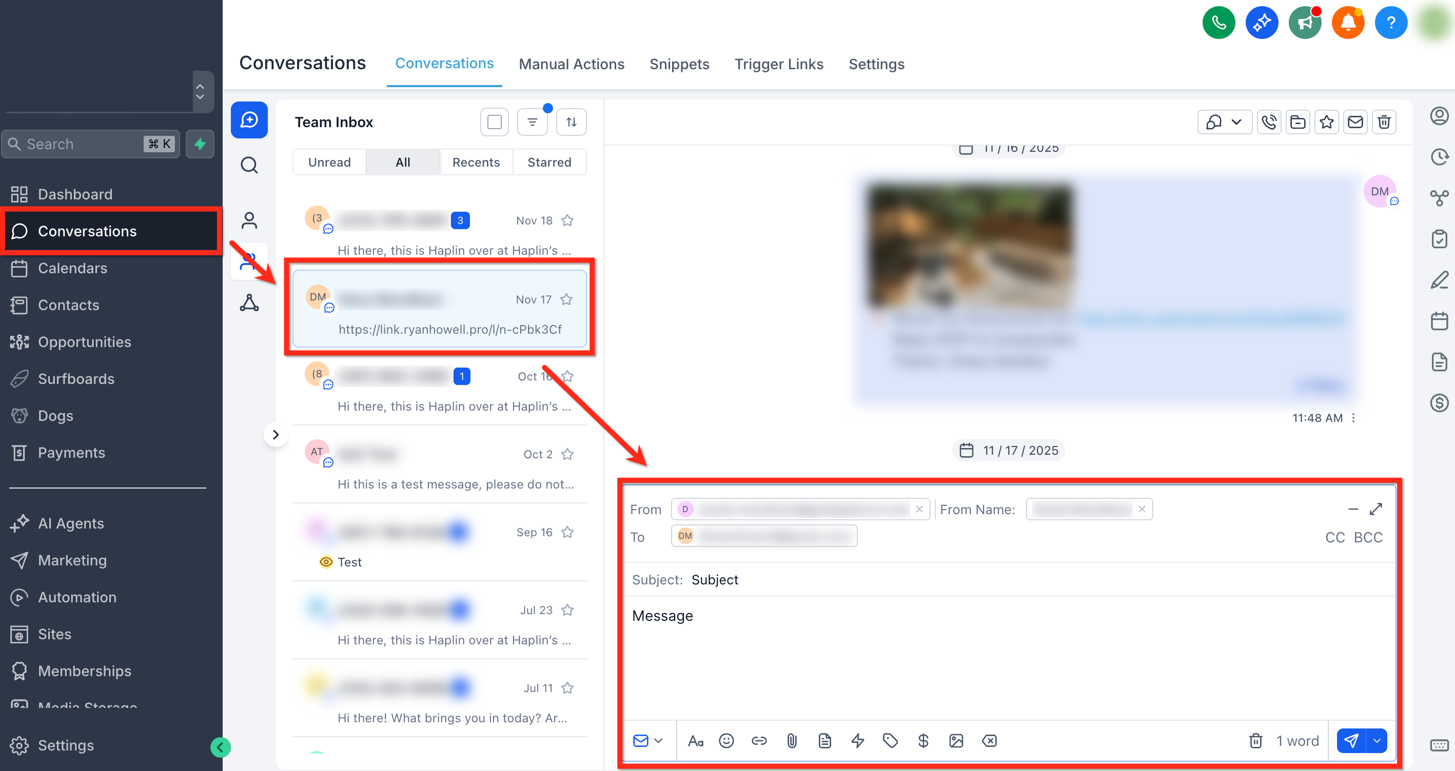 Email composer open in a Conversations thread