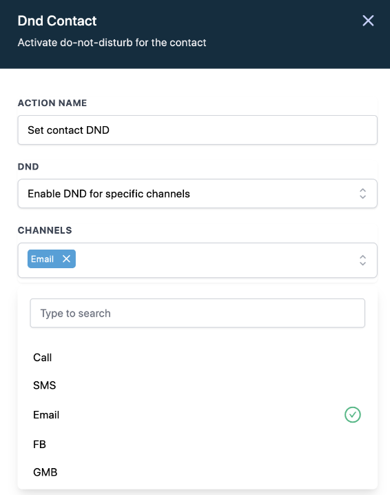 Email selected as the DND channel, Save Actions button visible