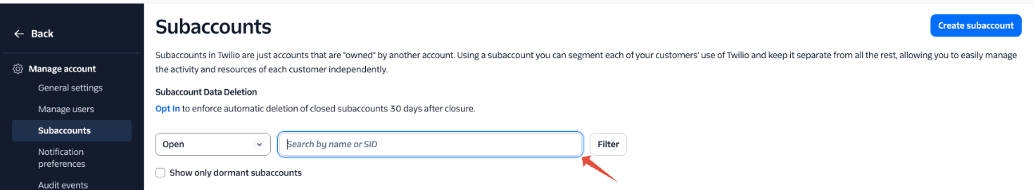 Searching for the Subaccount SID in Twilio