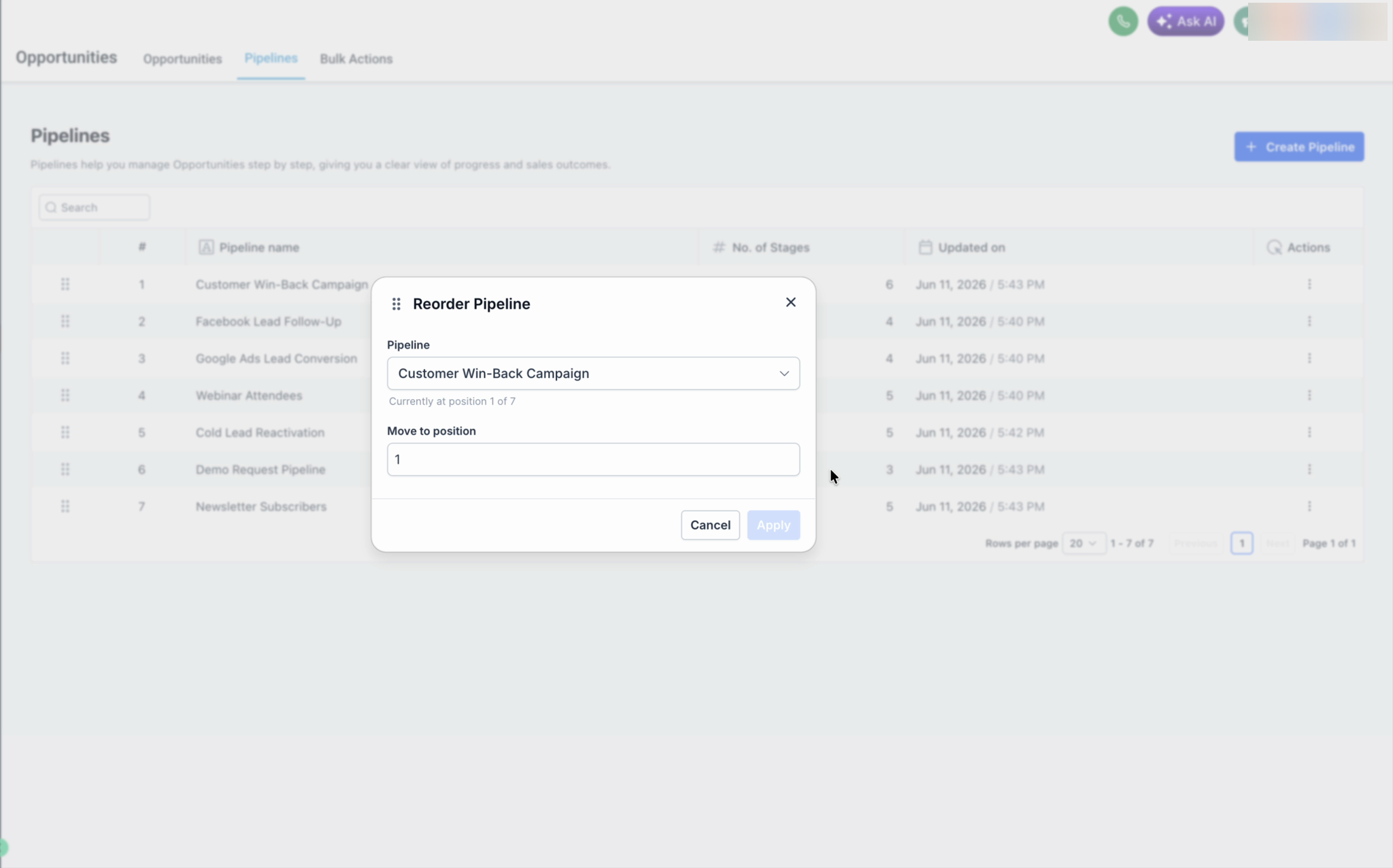 The Reorder Pipeline dialog with a Move to position field