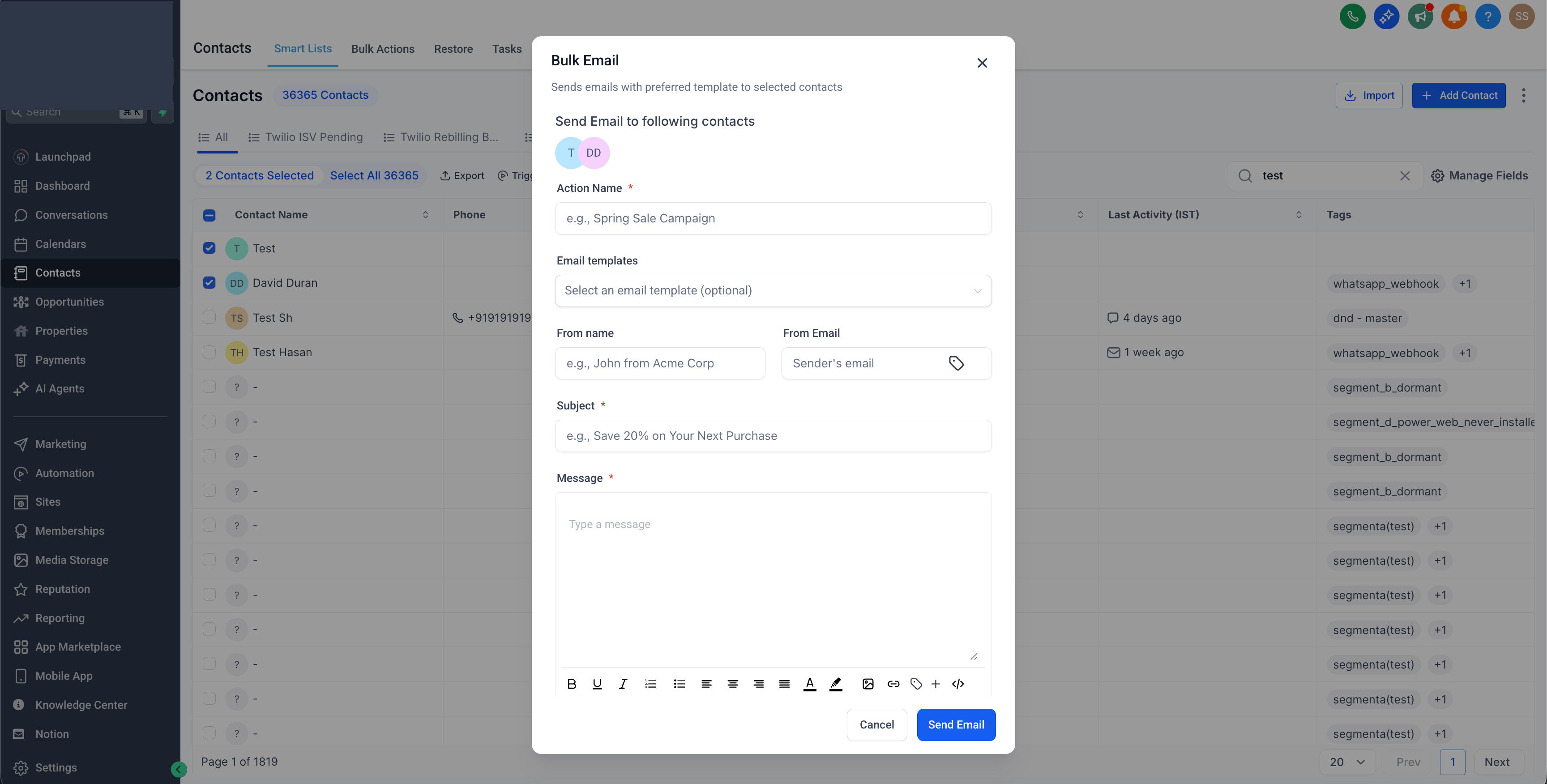 From Name and From Email fields in the bulk send dialog