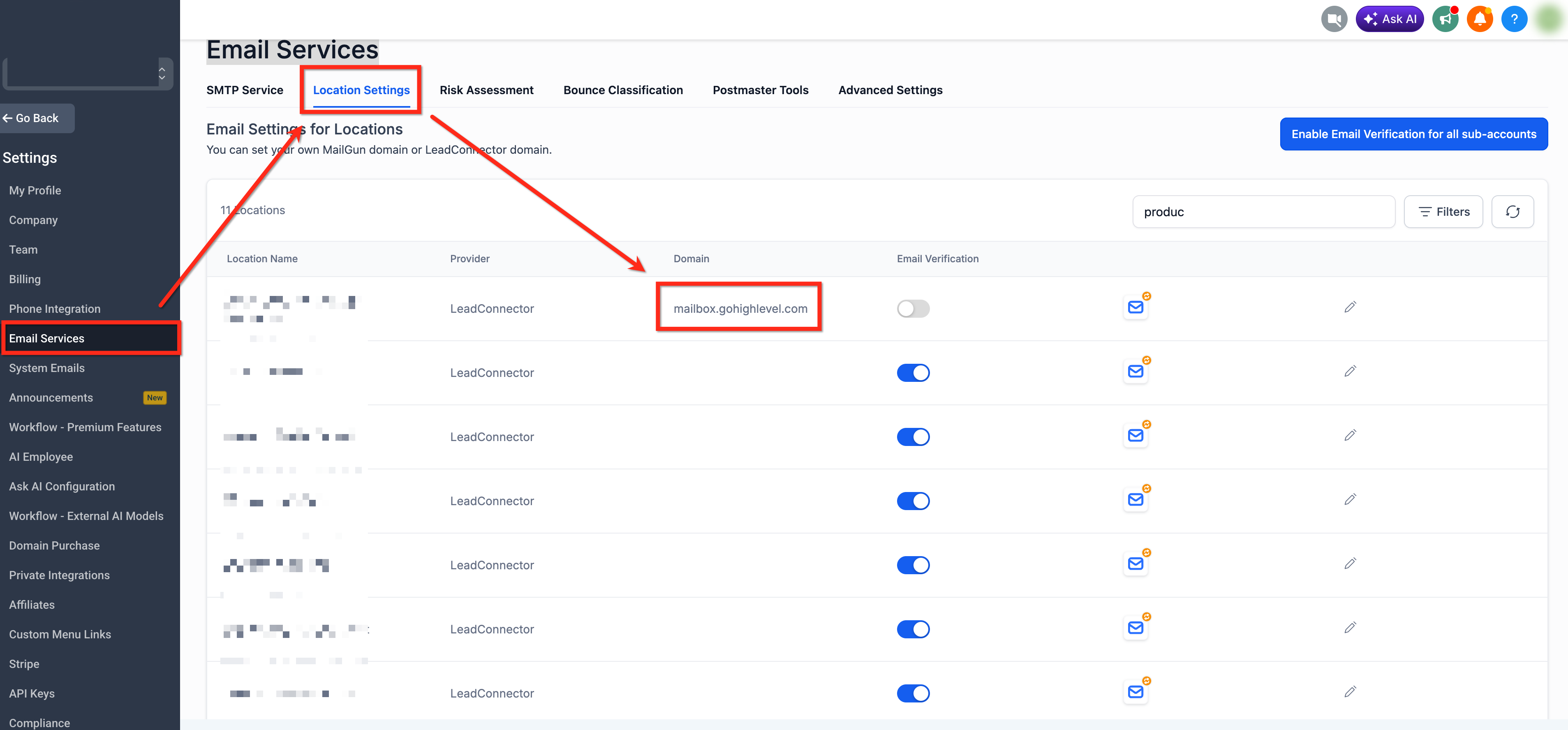 Location Settings tracking domain field
