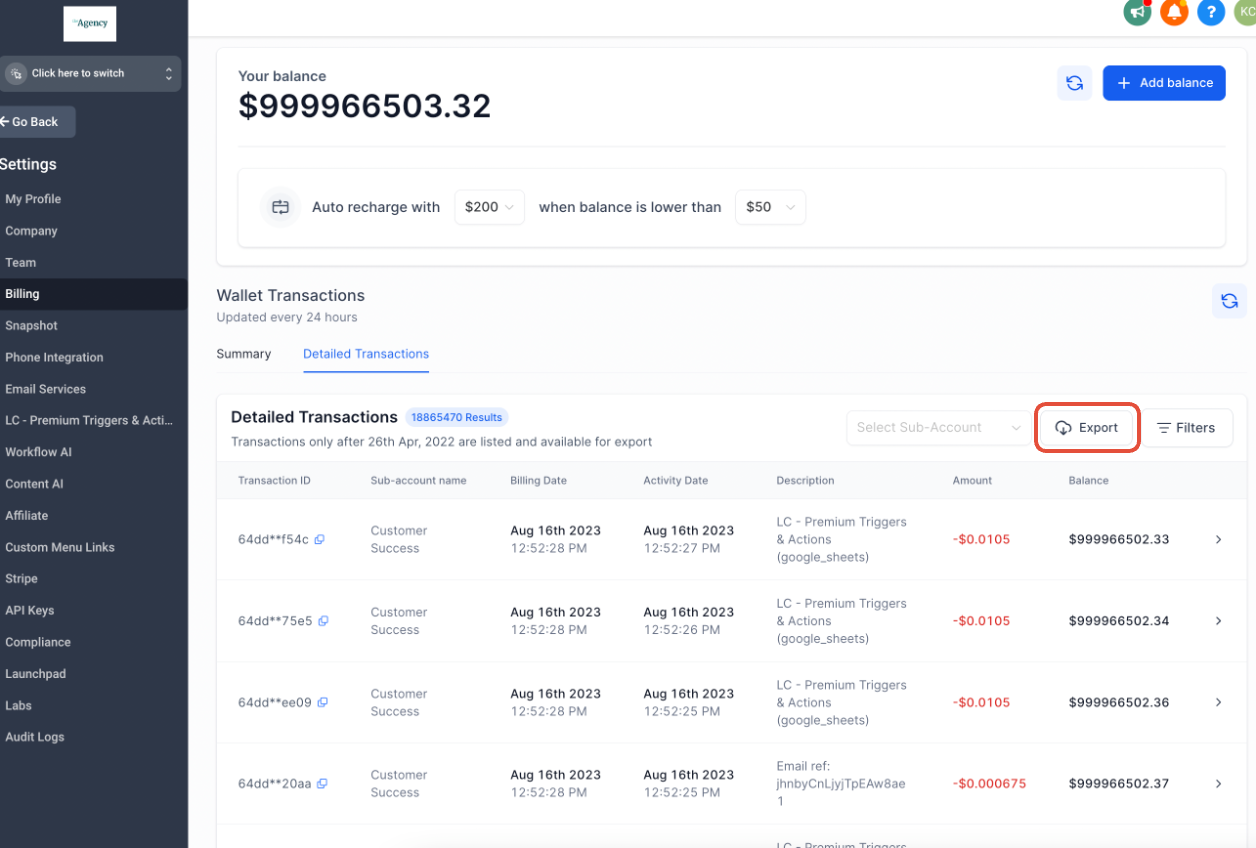 Export button for transactions