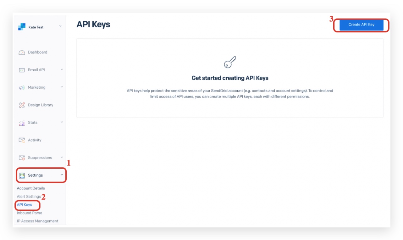 Creating a new API key in SendGrid settings